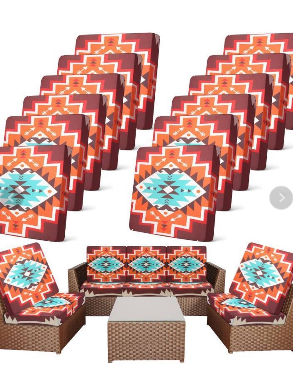 Outdoor Chair Cushion Set in Turquoise and Orange - Geometric Pattern